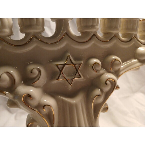Vintage Ceramic Cream & Gold Trimmed Judaica Hanukkah Menorah Candle Holder - Picture 5 of 6